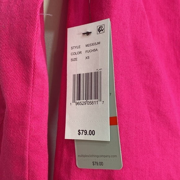 Denim Jacket Open front faux buttons pockets Collarless Fuchsa Women's XS - Picture 8 of 11